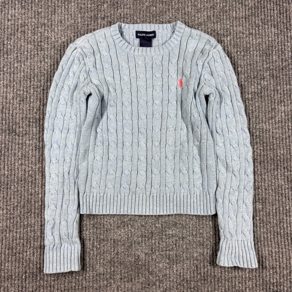 Ralph Lauren Kids Light Blue Cable Knit Cotton Sweater Small Pink Pony Logo
